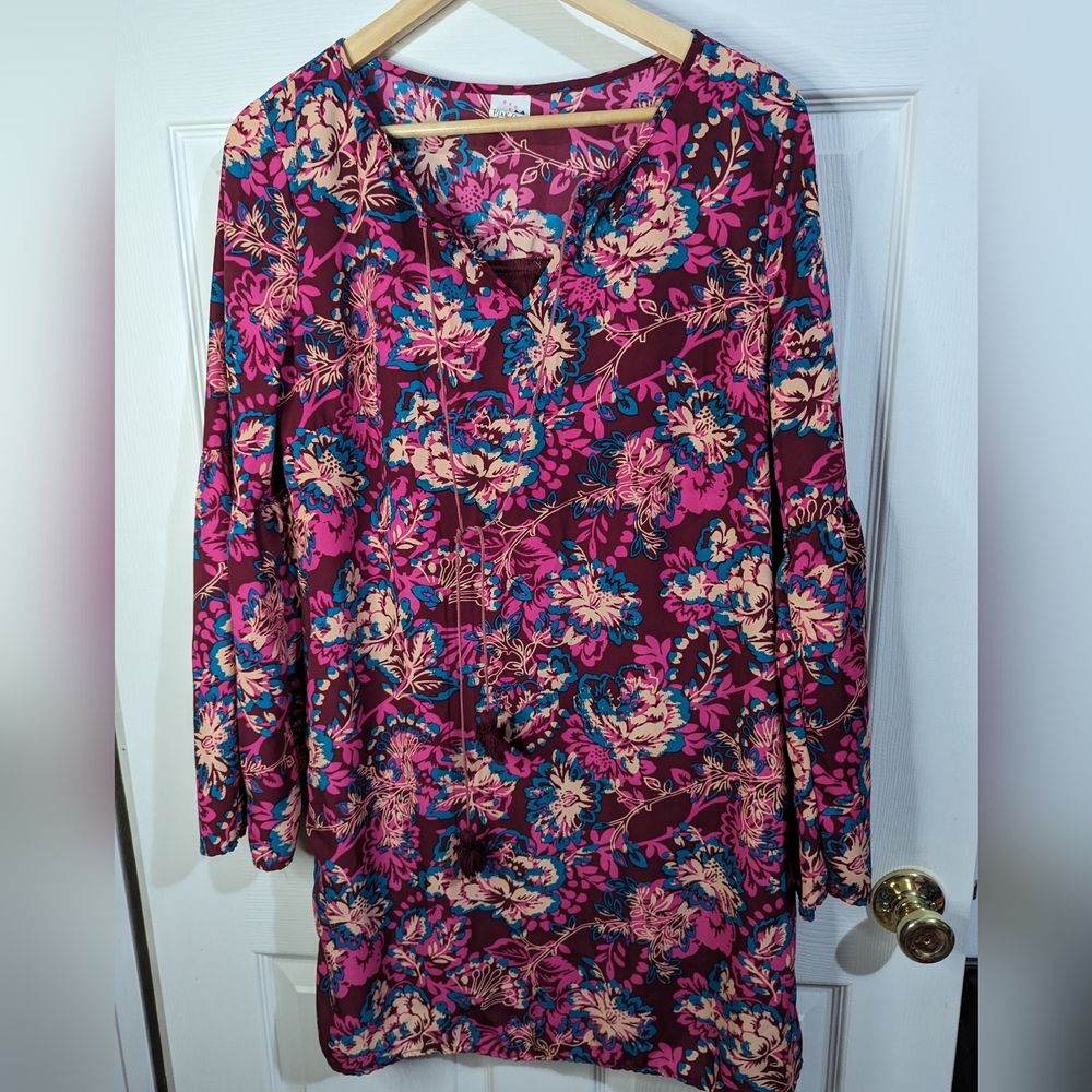 Pink Owl pink and blue floral sheath dress with bell sleeves  size large